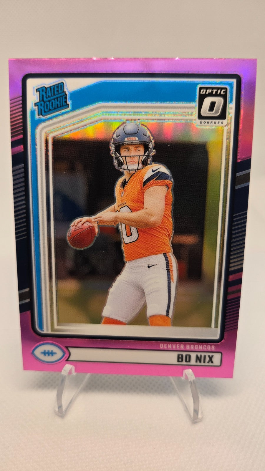 2024 Panini Donruss - Rated Rookie Bo Nix #369 Optic Preview Pink Prizm (RC)