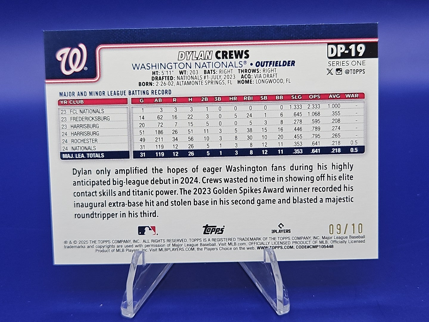2025 Topps Series 1 Celeb Dylan Crews RC Dugout Peeks SSP Black 9/10
