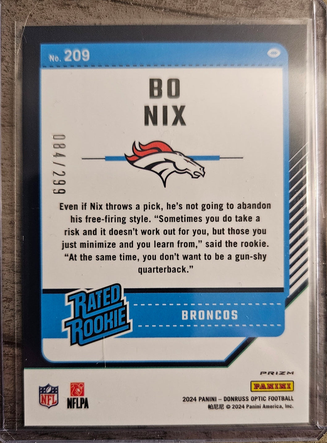 2024 Panini Optic Football Card - Bo Nix Aqua Holo 84/299