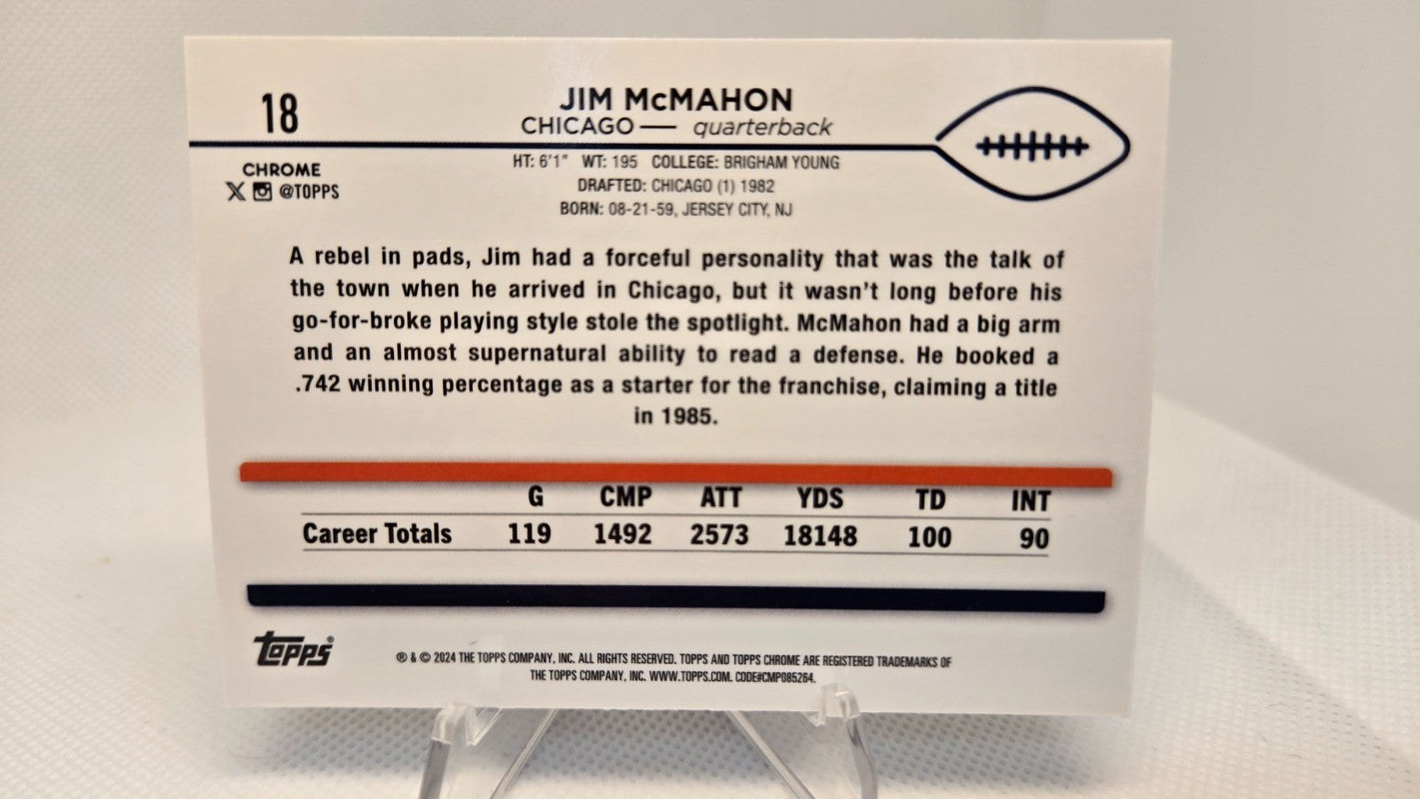 2024 Topps Chrome 18 Jim McMahon Purple Speckle Refractor /275 Chicago Bears 